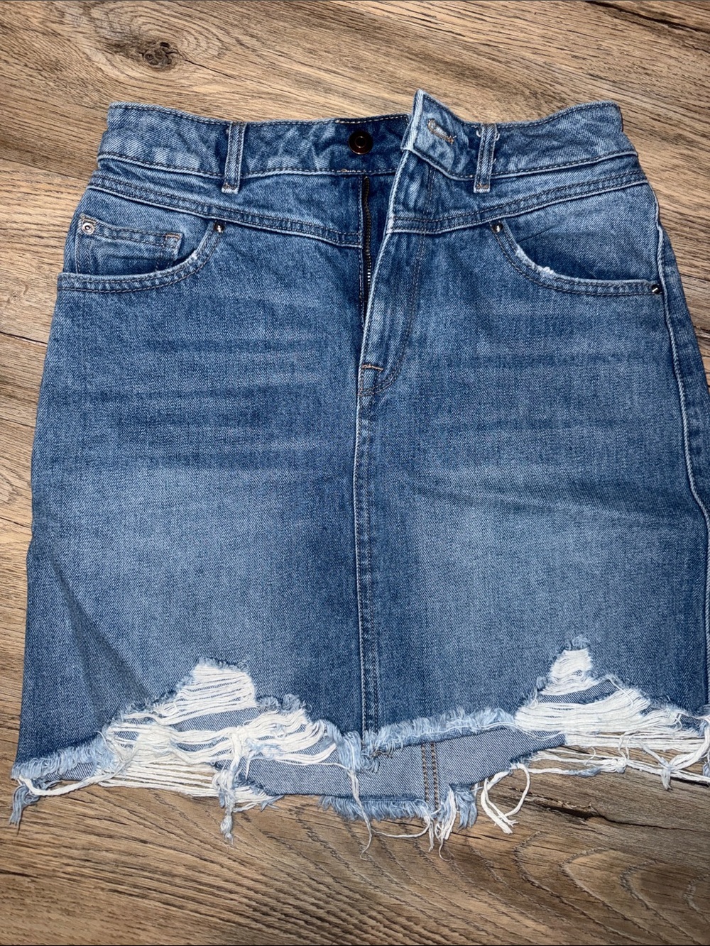 DL1961 High-Rise Distressed Blue Denim Mini Skirt